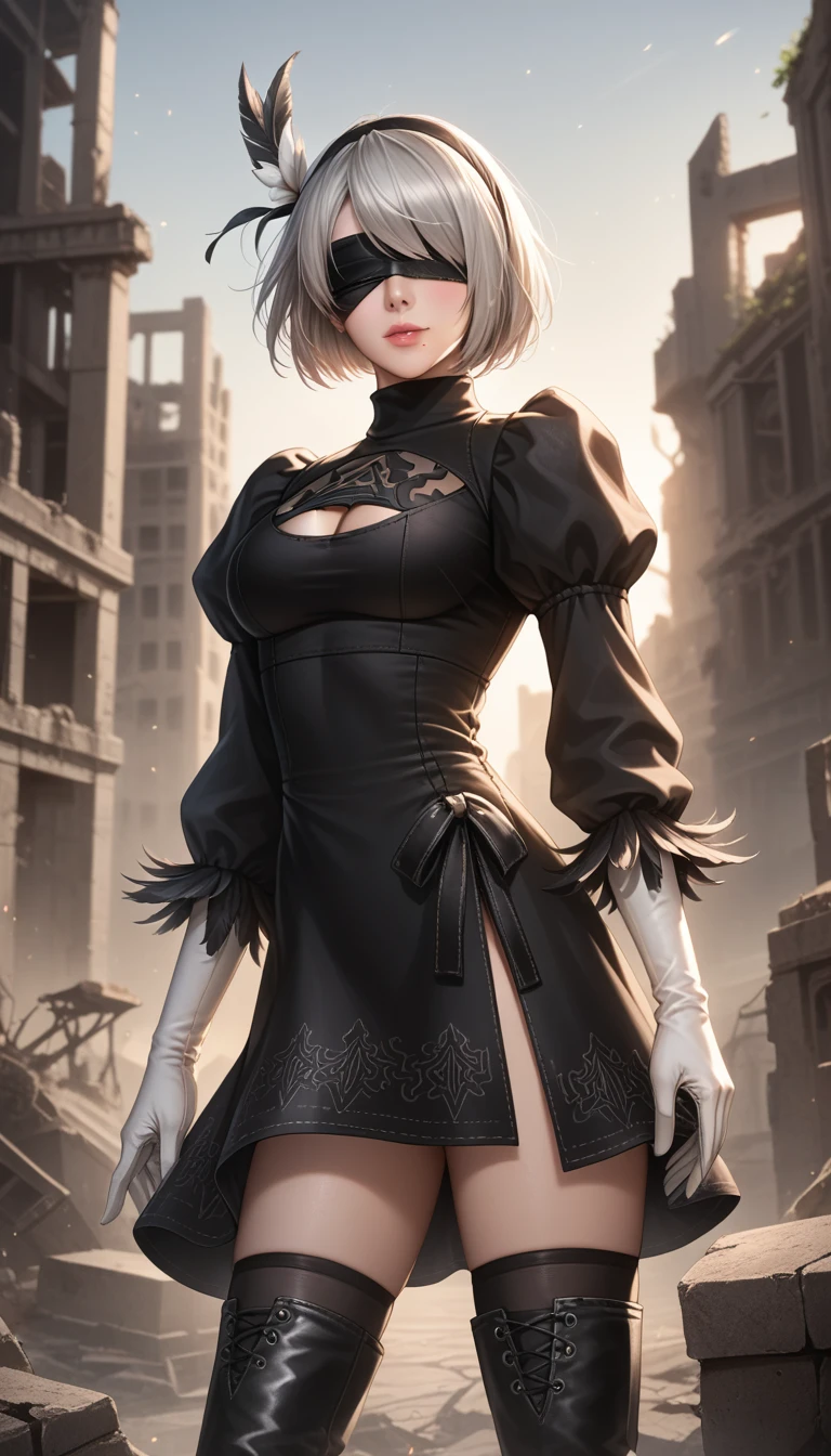 score_9, score_8_up, score_7_up, 32k,masterpiece, highest quality, 
photo realistic, vibrant colors, chiaroscuro lighting, cinematic lighting,
1 woman, inspired 2B nier automata,
bob cut, gray hair, bangs ,mole under mouth, blindfold, pink lips, 
black nier dress, cleavage cutout, long sleeve, Juliet sleeve, turtleneck, feather ornament, feather ornament sleeves, white gloves, black leather boots, 
ruins, a ruined world, a devastated battlefield, picturesque, beautiful scenery, fantastic night sky,
seductive pose, cinematic angle,