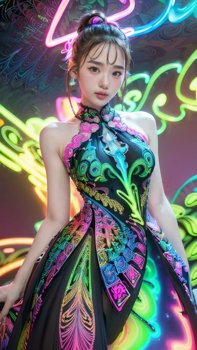 (masterpiece, top quality, best quality, official art, beautiful and aesthetic:1.2), (1girl:1.3), extremely detailed,(fractal art:1.2),colorful,highest detailed,( zentangle neon:1.2), (dynamic pose), (abstract background neon:1.5), (treditional dress:1.2), (shiny skin), (many colors:1.4), upper body ,Neon,16K,Full HD