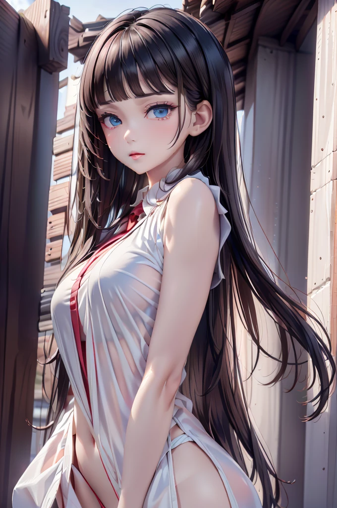 1 Female,black hair, ((Looks impatient)), Beautiful, White sexy vest, good style, symmetrical clothes, (Facing forward), (Red cheeks, expression of contempt), (beautiful face), (((Upper body portrait))), blue eyes, (((The bangs are very even))),