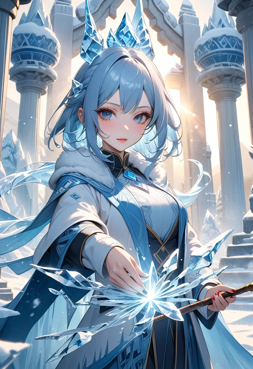 Ultra Quality, Extremely Detailed, High Resolution, Female Magician, porcelain skin, casting ice spells, medium shot, winter temple, ice, ((holding a wand)), warm sunlight, dressed as Ice Magician