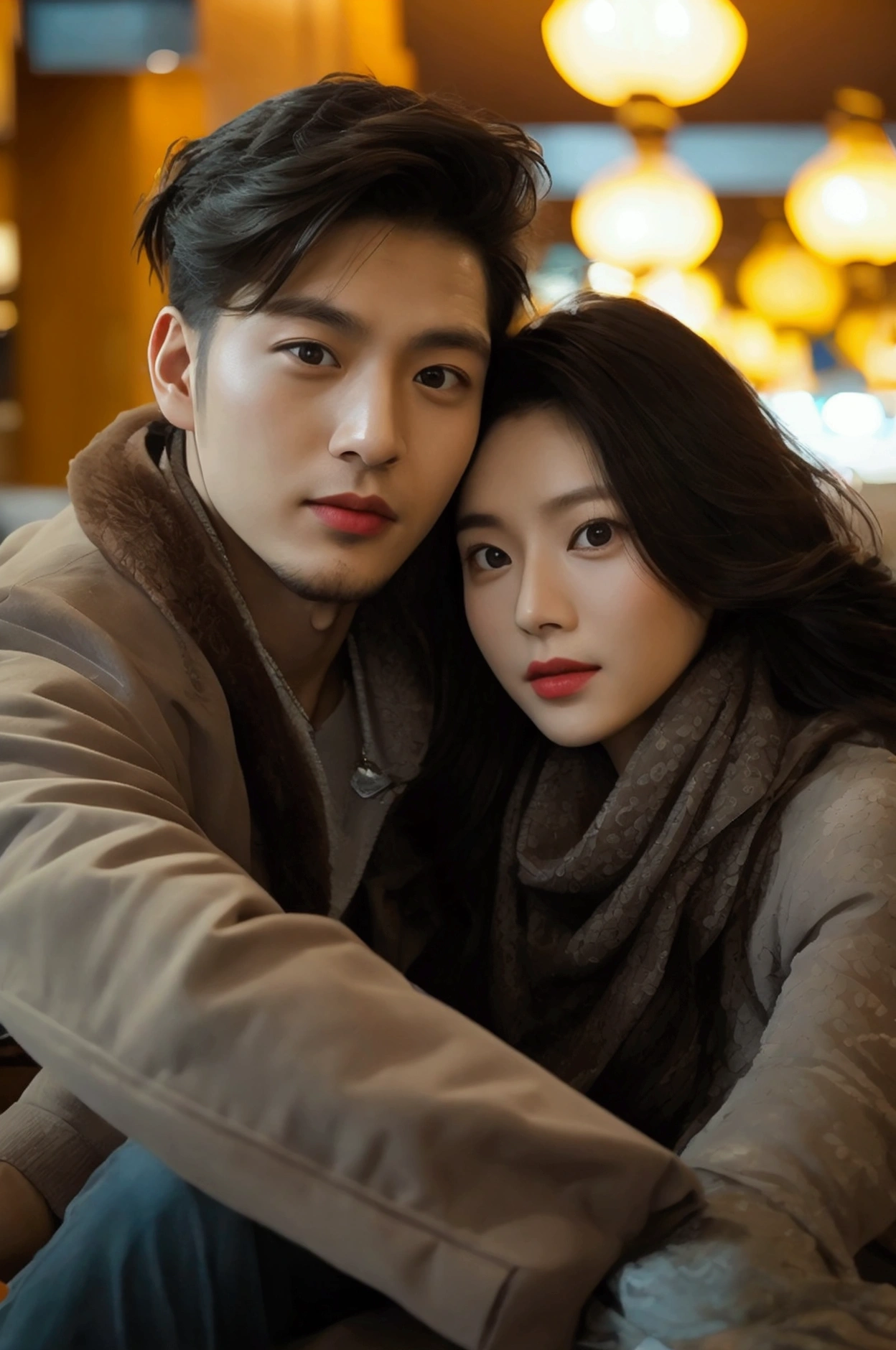 Selfie photo+Thai husband and wife+Handsome young and beautiful girl.+Sit on a long bench+in the department store+photorealistic photo+high resolution+sharp