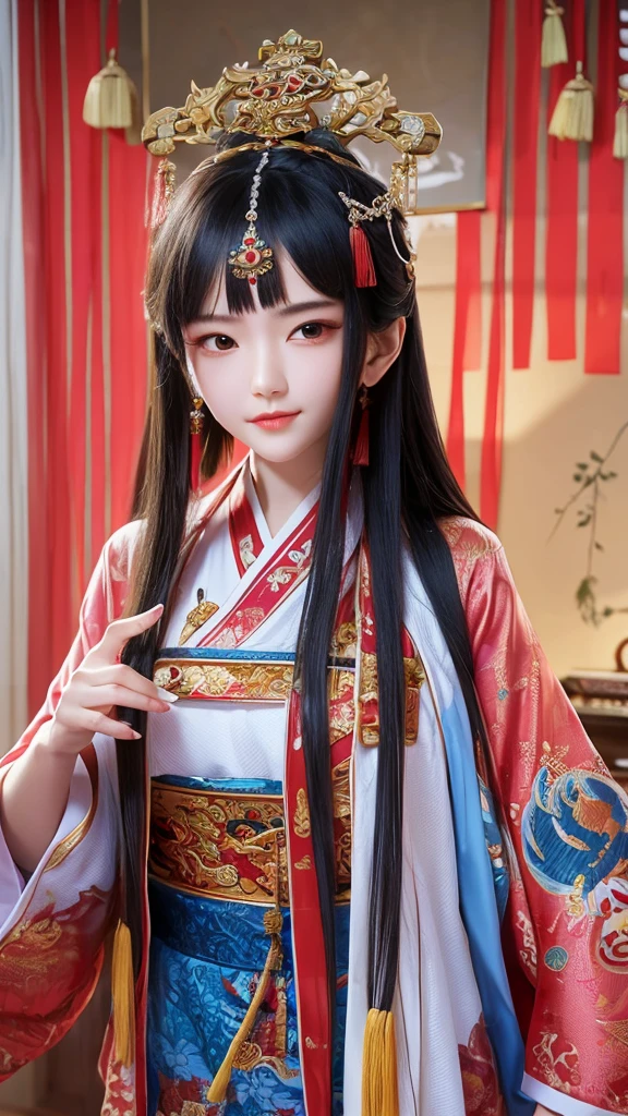 Chinese ancient living room decoration，Moon Palace Murals，Chinese goddess Chang&#39;e，long hair shawl,headgear，earrings，Wearing Chinese fairy costume，Sitting in a recliner，Moon Rabbit is helping to fan the wind