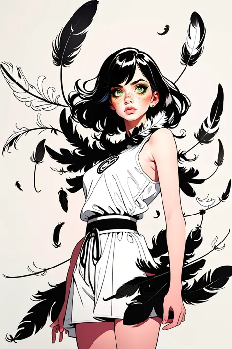 partial coloring, line style, (masterpiece, best quality:1.2), (simple background:1.5), 1 girl, (black and white feathers, symme...