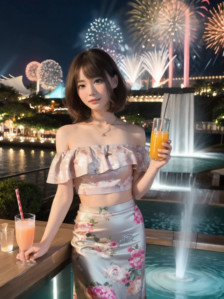 (1 woman), solo, short bob, 2, Japanese, brown eyes, brown hair, slim figure, flat chest, rosy cheeks, flushed face, 
Break
Clothing
Pastel pink off-shoulder blouse, floral print midi skirt, sandals, silver necklace
Expression and Background
1girl, excited look, sparkling eyes, raising a glass of orange juice, surrounded by colorful fireworks, Marina Bay Sands illuminated in the background, Merlion fountain spraying a large amount of water, cozy outdoor bar setting, festive decorations, (best quality, masterpiece)