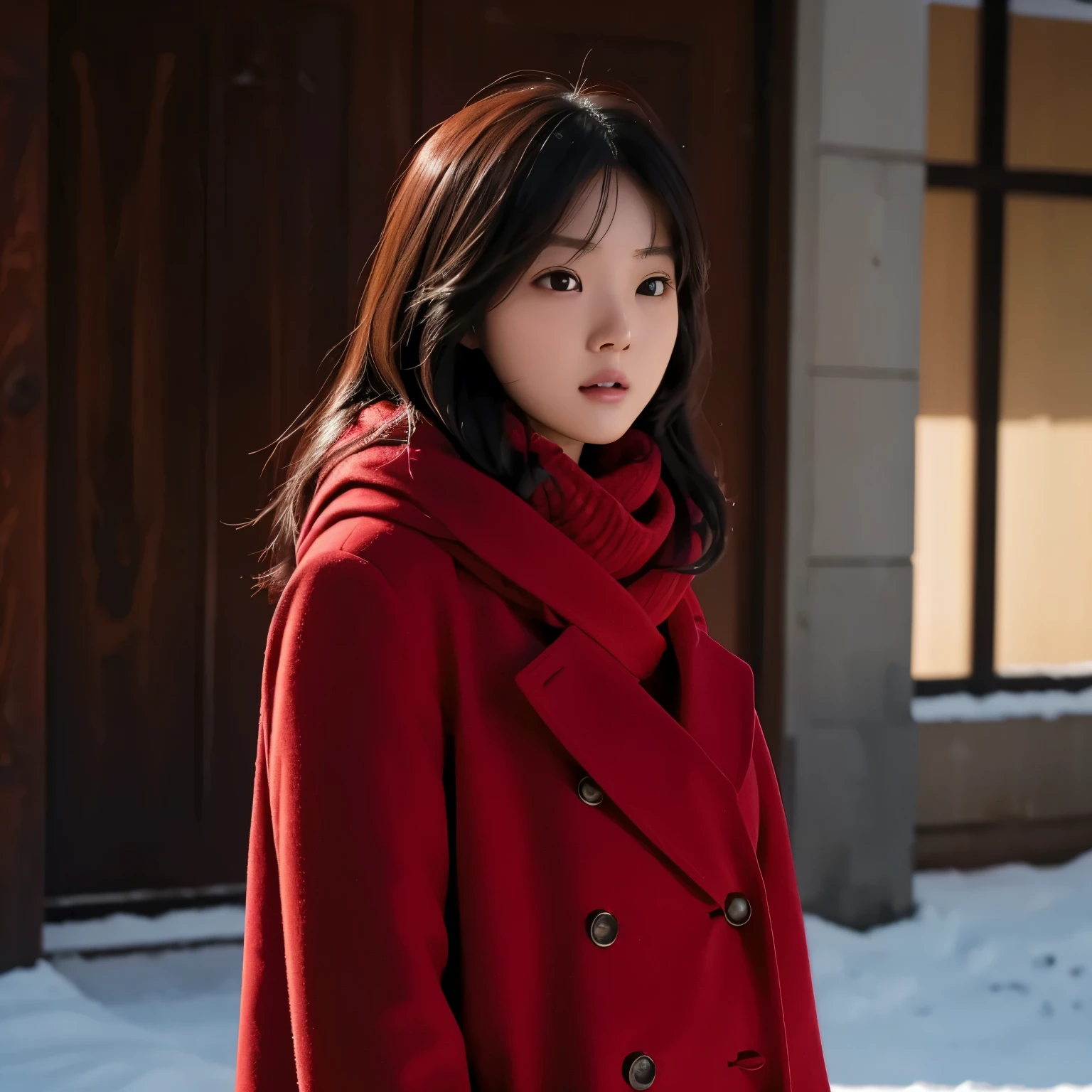 there is a woman with a red coat and a red scarf, jinyoung shin, heonhwa choe, janice sung, sha xi, wan adorable korean face, jaeyeon nam, chiho, headshot profile picture, sun yunjoo, ulzzang, lee ji - eun, lee ji-eun, she has a cute face