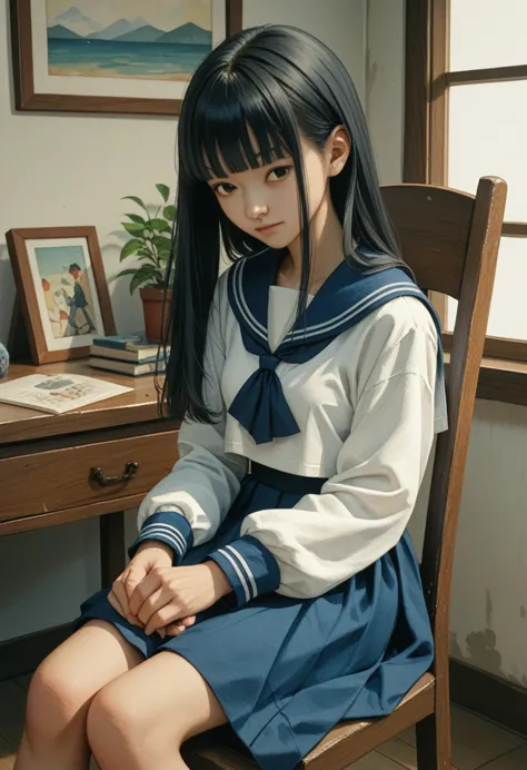 (kwaii,asian,drama,imagem sem fundo,watercolor:1.1)black hair,long hair,straight hair,blunt bangs,small breasts,dark blue sailor...