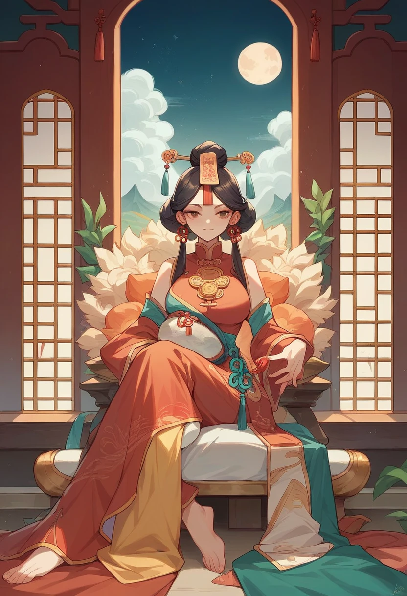 Chinese ancient living room decoration，Moon Palace Murals，Chinese goddess Chang&#39;e，long hair shawl,headgear，earrings，Wearing Chinese fairy costume，Sitting in a recliner，Moon Rabbit is helping to fan the wind