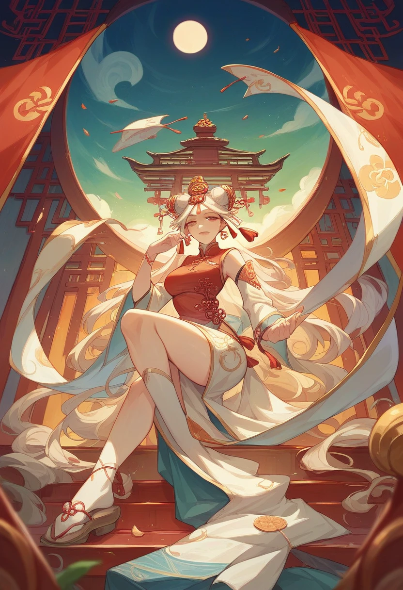 Chinese ancient living room decoration，Moon Palace Murals，Chinese goddess Chang&#39;e，long hair shawl,headgear，earrings，Wearing Chinese fairy costume，Sitting in a recliner，Moon Rabbit is helping to fan the wind