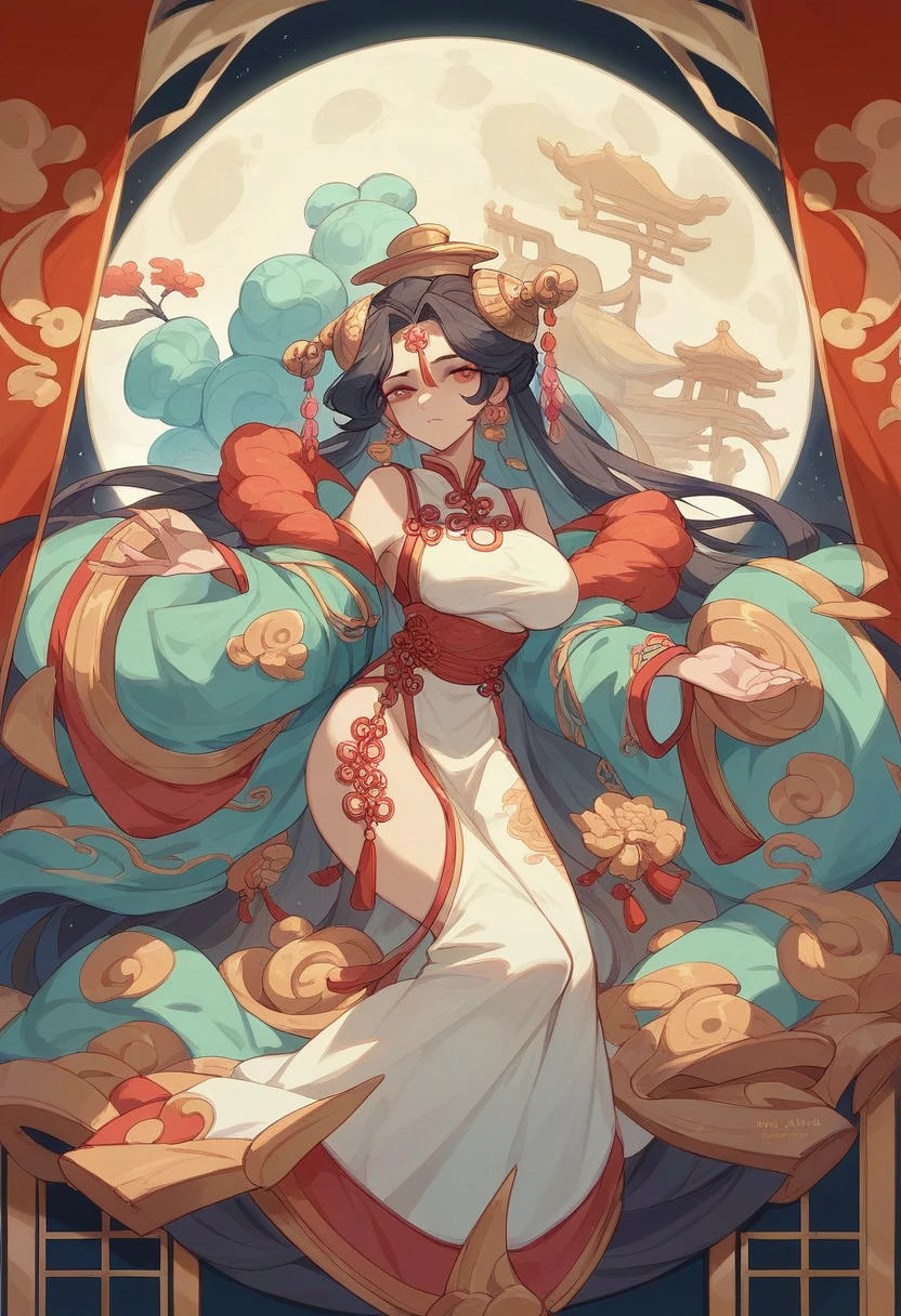 Chinese ancient living room decoration，Moon Palace Murals，Chinese goddess Chang&#39;e，long hair shawl,headgear，earrings，Wearing Chinese fairy costume，Sitting in a recliner，Moon Rabbit is helping to fan the wind