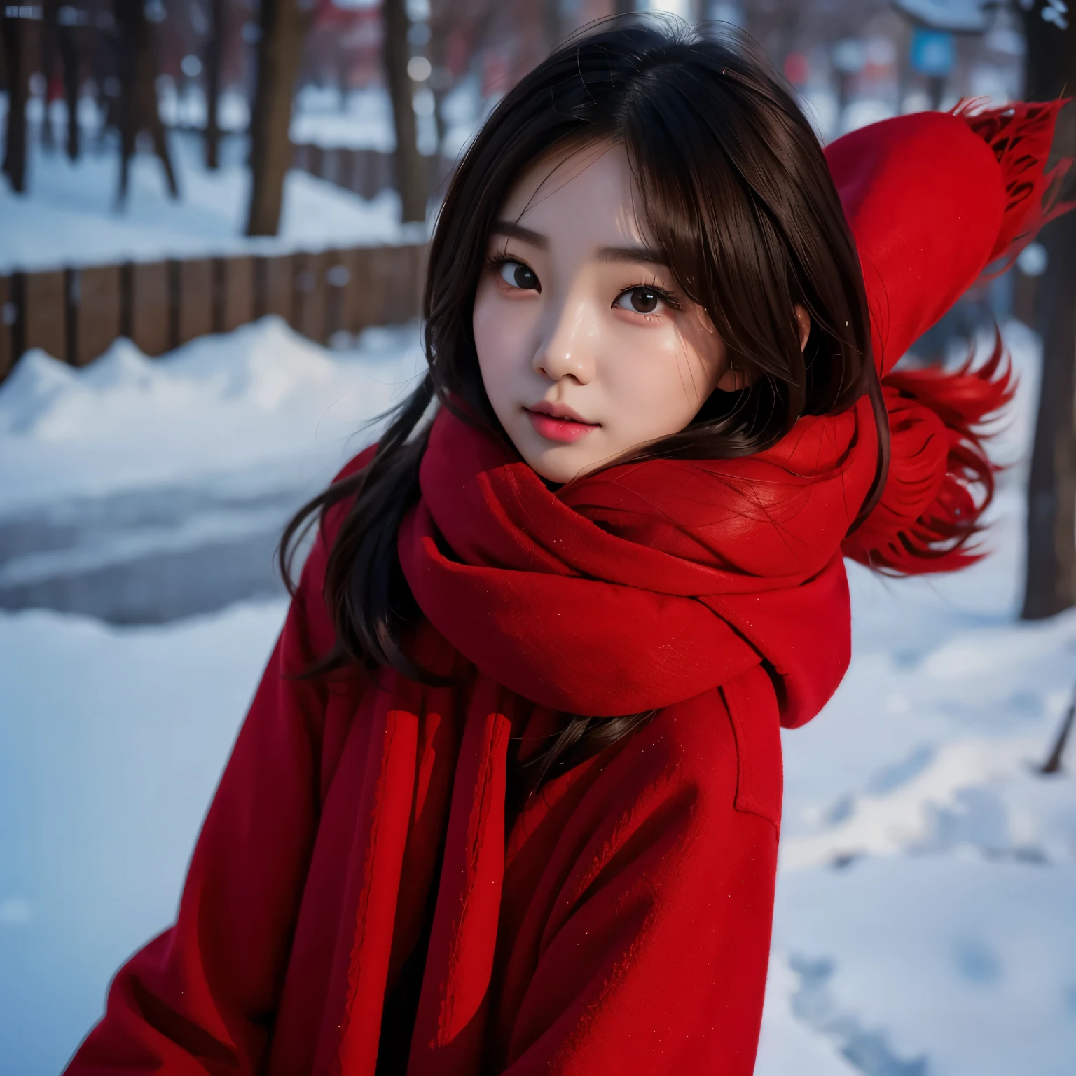 there is a woman with a red coat and a red scarf, jinyoung shin, heonhwa choe, janice sung, sha xi, wan adorable korean face, jaeyeon nam, chiho, headshot profile picture, sun yunjoo, ulzzang, lee ji - eun, lee ji-eun, she has a cute face