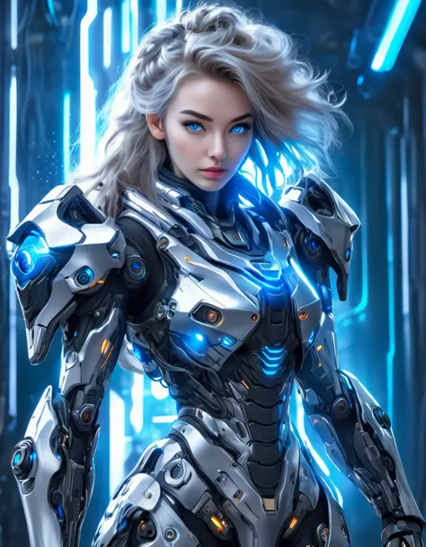 a woman wearing exoskeleton cyber armor, the armor fits snugly、((she has a plasma gun in her hand)), full body photo, maximum de...