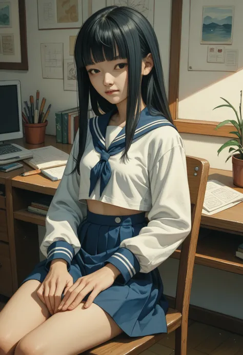 (kwaii,asian,drama,imagem sem fundo,watercolor:1.1)black hair,long hair,straight hair,blunt bangs,small breasts,dark blue sailor...