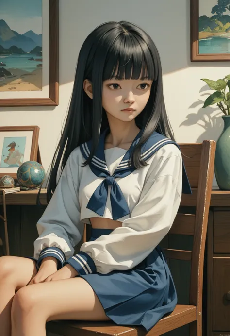 (kwaii,asian,drama,imagem sem fundo,watercolor:1.1)black hair,long hair,straight hair,blunt bangs,small breasts,dark blue sailor...