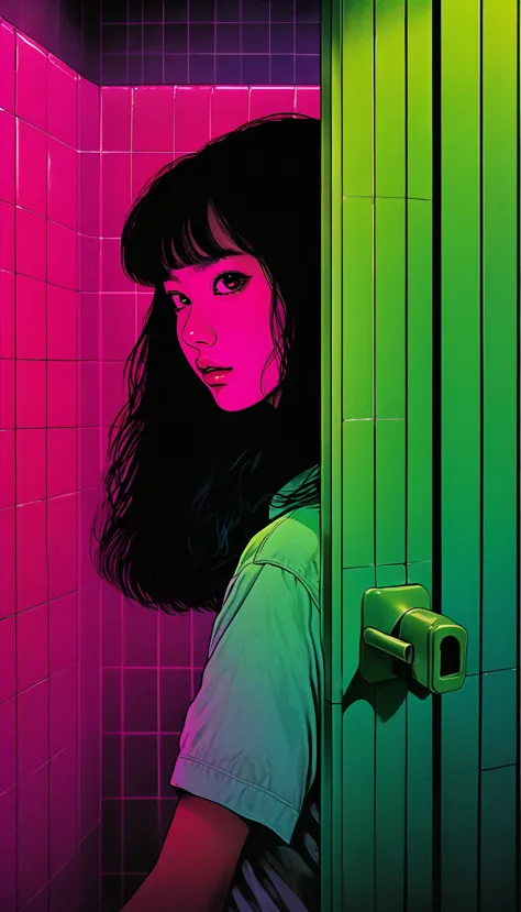 illustration、art、80s thai horror movie poster, supervised by junji ito、(high school student:1.0)、bathroom、attention to detail, r...