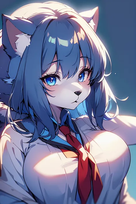 1girl, blue fur, wolf girl, medium breasts, school uniform, portrait, simple background, (furry:1.5)