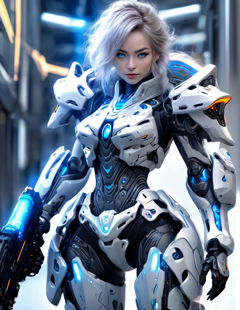 A woman wearing exoskeleton cyber armor, The armor fits snugly、((She has a plasma gun in her hand)), Full body photo, Maximum details, Superior quality through precise drawings, 8k,chest, blue eyes,  High resolution, 超High resolution, Best Quality, (She&#39;s wearing a circuit board dress with LED accents., Creates a futuristic atmosphere. Her hair is smoothly styled, Metallic bob with LED lights woven into it)Shortcuts, Big chest, Cinematic Lighting Effects, Futuristic beautiful dark haired woman, Shining blue eyes, Cyberpunk style woman, ((High tech spaceship interior with blue light illumination)), High quality images,Shortcuts, Bob Hair, Bob Hair, Very short hair, 