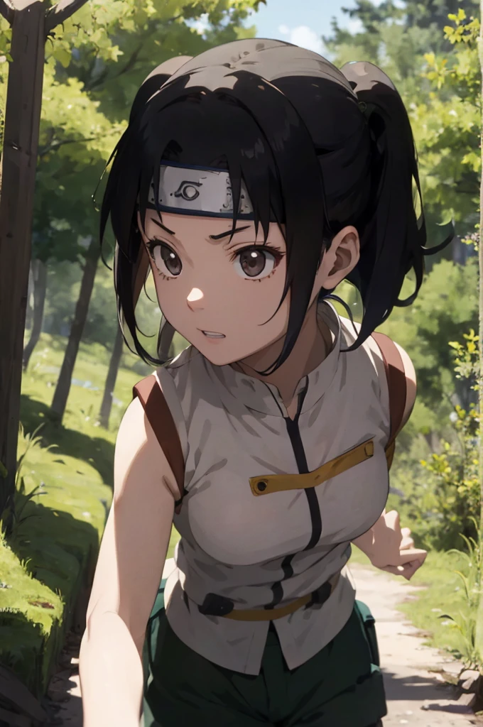 Tenten looks in confusion., first person view, scenario in the middle of the forest, a hand gently holds her cheek