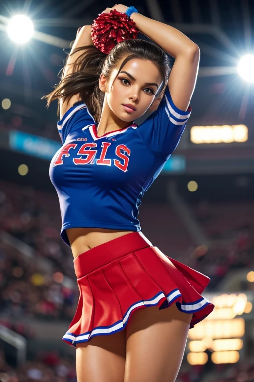 a sexy cheerleader in a short skirt, extremely detailed face and body, beautiful detailed eyes, beautiful detailed lips, long eyelashes, highly detailed, photorealistic, 8k, best quality, masterpiece, vivid colors, dynamic pose, athletic, flexible body, athletic body, fit, muscular, realistic skin texture, natural lighting, cinematic lighting, dynamic action, sports, cheerleading, pom poms, short skirt, uniform, high heels