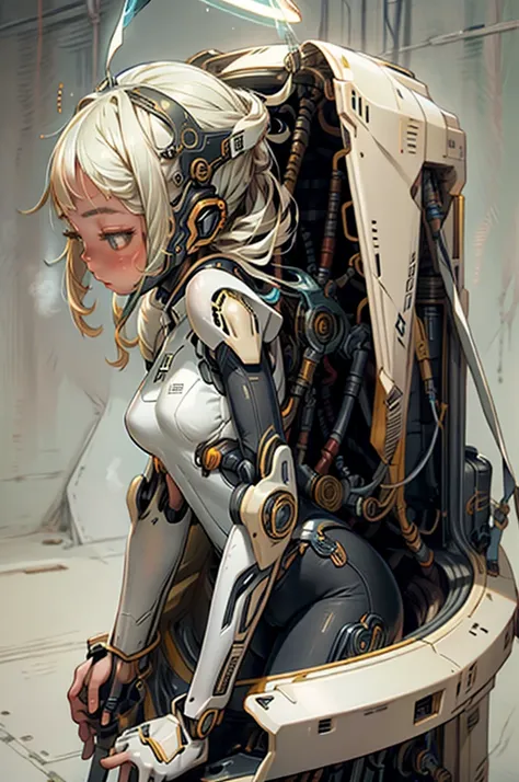 teenage girl, liquid body suit, fluid armor (carrying a halo-like machine on her back, elegant and intricate design), sensationa...