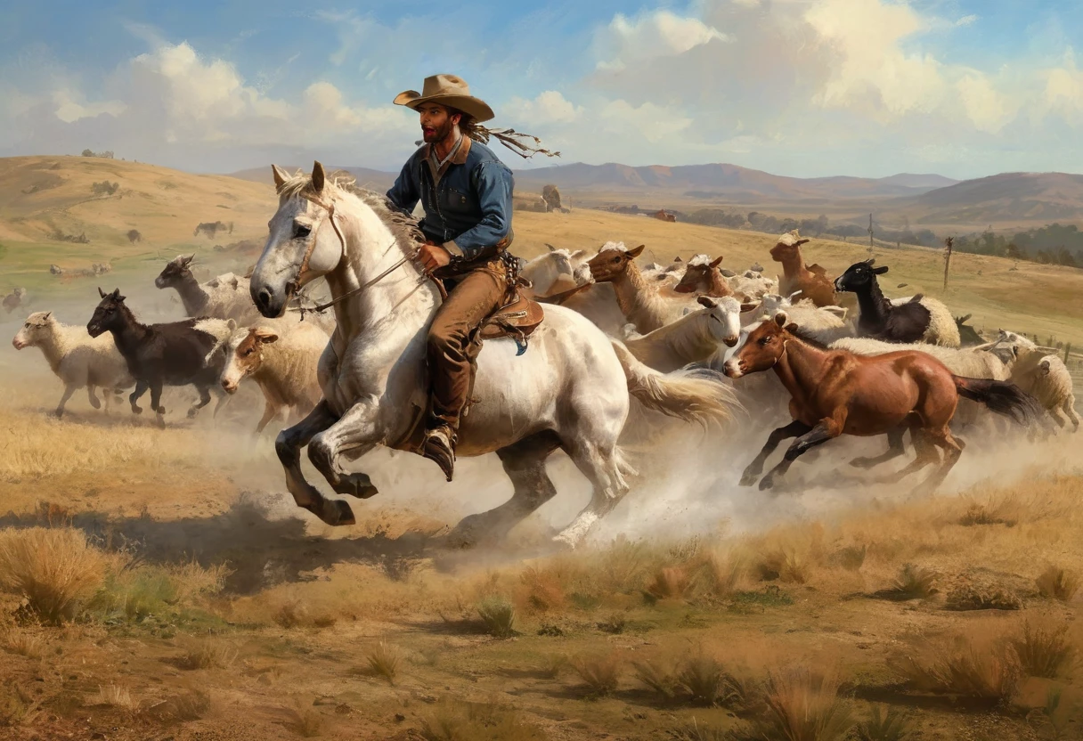 Farm Life, the Western Frontier period, A cowboy riding a horse and chasing sheep, (Masterpiece), (Best Quality), (Ultra high Detaile)