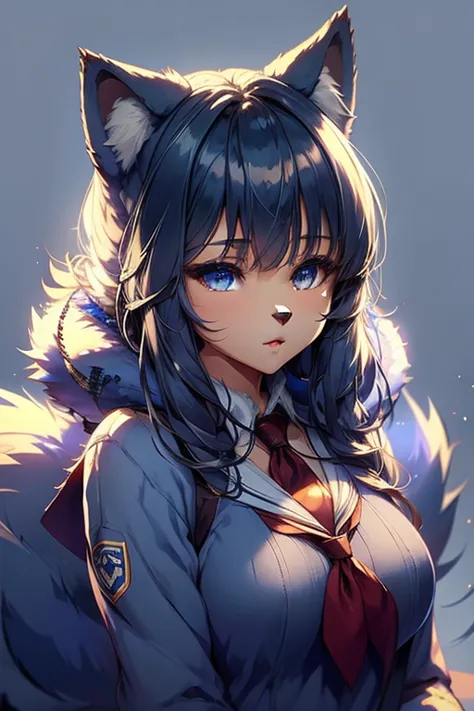 1girl, blue fur, wolf girl, medium breasts, school uniform, portrait, simple background, (furry:1.5)