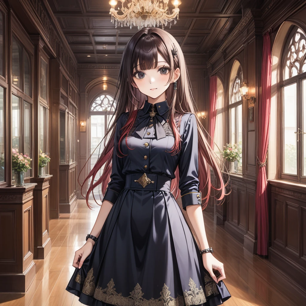 source_anime,score_9, score_8_up, score_7_up, score_6_up, score_5_up, rating_safe,
(girl:1.5),(long hair,delicate detailed black eyes, nice outfit,bangs, uniform, standing), (close up,waist)
background, gothic room, 