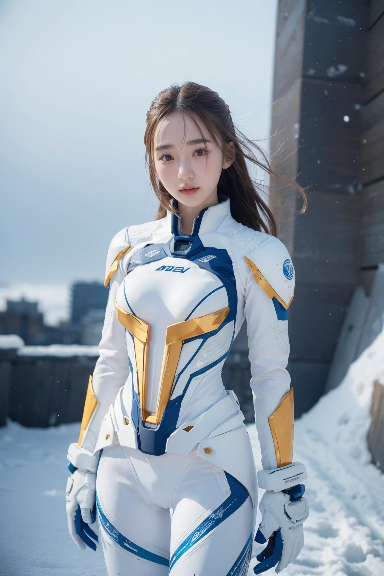 1 girl, Lovely, Ice and Snow World, alone, skinny, wind, Mecha suit, whole body, pretty face, Decorated with intricate patterns and delicate lines, Mecha suit