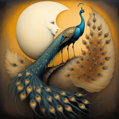 patchwork by esao andrews, michael parkes, aubrey beardsley, leonora carrington, a surreal painting depicting of a moon peacock ...