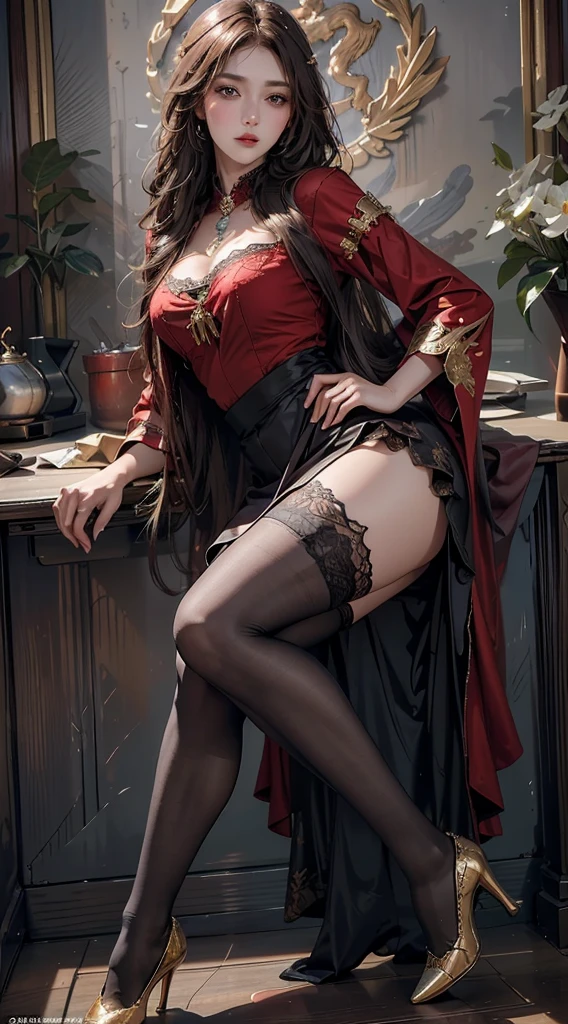 ((Masterpiece, Highest quality)), Detailed face, CharacterDesignSheet，full bodyesbian, Full of details, Multiple poses and expressions, Highly detailed, Depth, Many parts，beuaty girl，cinmatic lighting，with light glowing，Red and gold，Phoenix decoration，light yarn，Lace，lacepantyhose，high-heels