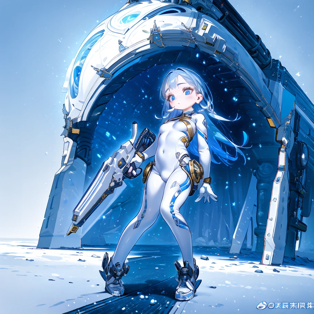 A beautiful special forces girl in a gold liquid metal suit, a giant mechanical gauntlet with layered armor, a fluid exoskeleton, dynamic, provocative, seductive, action, dramatic angles, effective use of LoRA、One beautiful girl, bluish silver hair, porcelain white skin, large beautiful eyes of deep blue, short stature, , small bulging breasts, complex artistic bodysuit of laminated armor, very much exposed skin, transparent weaponry, active poses, dramatic camera angles, diamond dust, icy trees, cold world, effective use of LoRA