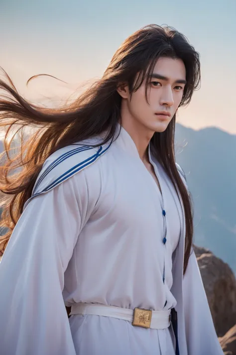 xiao zhan,close-up of a man with long hair and white period costume, xiao zhan,big handsome guy,invincible big handsome guy,unpa...