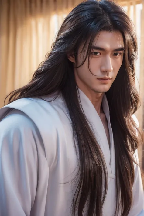 xiao zhan,close-up of a man with long hair and white period costume, xiao zhan,big handsome guy,invincible big handsome guy,unpa...