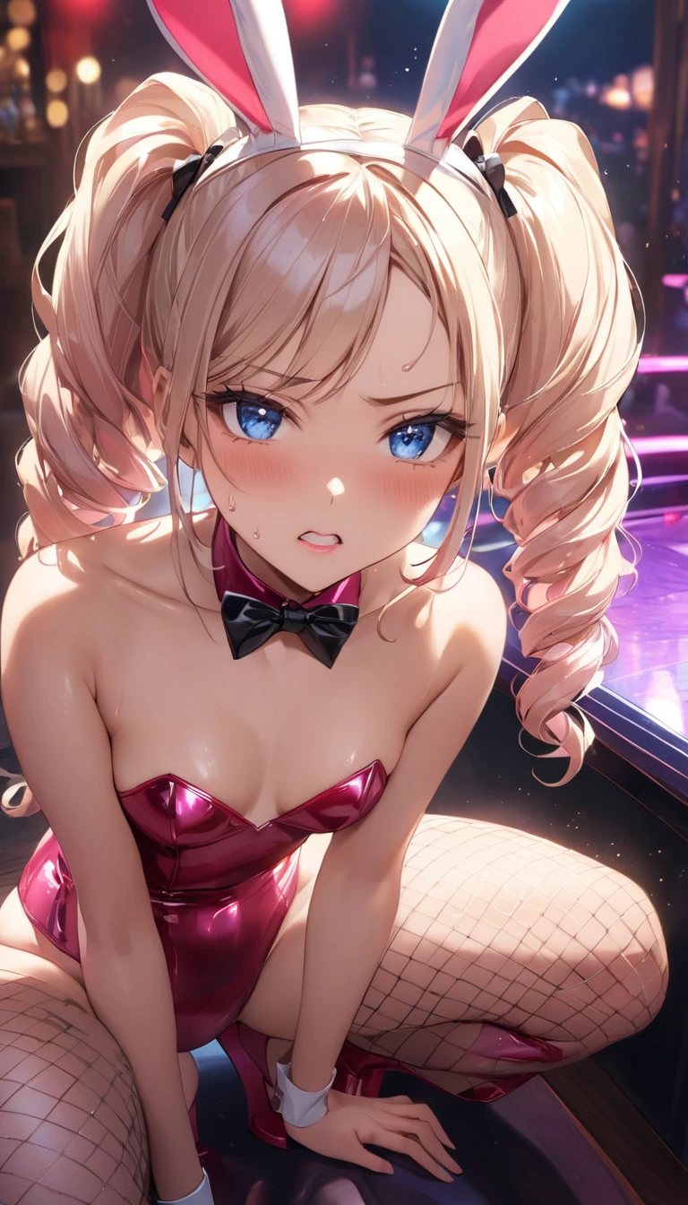 (((cream color  hair)))，(((double twintail  hair)))、((side spiral curls))、(((beatrice)))、(sweaty skin)、 (Highest quality, 8k, 32K, masterpiece, Ultra-high resolution:1.2)、blush、(Sweat:1.10)、((blush)),(((Shining Light))),accurate to the human body、Correct five-finger、Highly detailed face and skin texture, Natural neck length, (Beautiful Hands), (glossy lip gloss:1.3、Long eyelashes、Gloss Face) 、A seductive look of sweet seduction, (Oily skin、Glowing Skin、Realistic skin texture、Beautiful skin in every detail、Glowing Skin),(((Annoyed))),(looking at viewer),(((oily body))),((angry)),(((bad mood))),(steam),(((latex)))、from front,(squatting),((playboy bunny)),bunny suit, (Nightclub:.1.1, Night Lounge:1.3, Nightclub:1.3, hostess, Lounge Lady:1.3),Whole pin, alcohol bottle, cup,Glass、alcohol,fishnet tights,((pole dancing))、(((((flat chest)))))、dynamic pose、((from above))