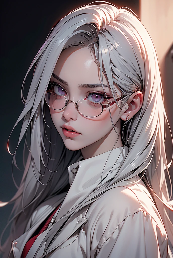 intricate detailed portrait of Integra Hellsing, 1girl, beautiful detailed eyes, beautiful detailed lips, extremely detailed face and skin, longeyes, long silver hair, red glasses, white suit, serious expression, dark background, dramatic lighting, cinematic, moody, gothic, dramatic, photo-realistic