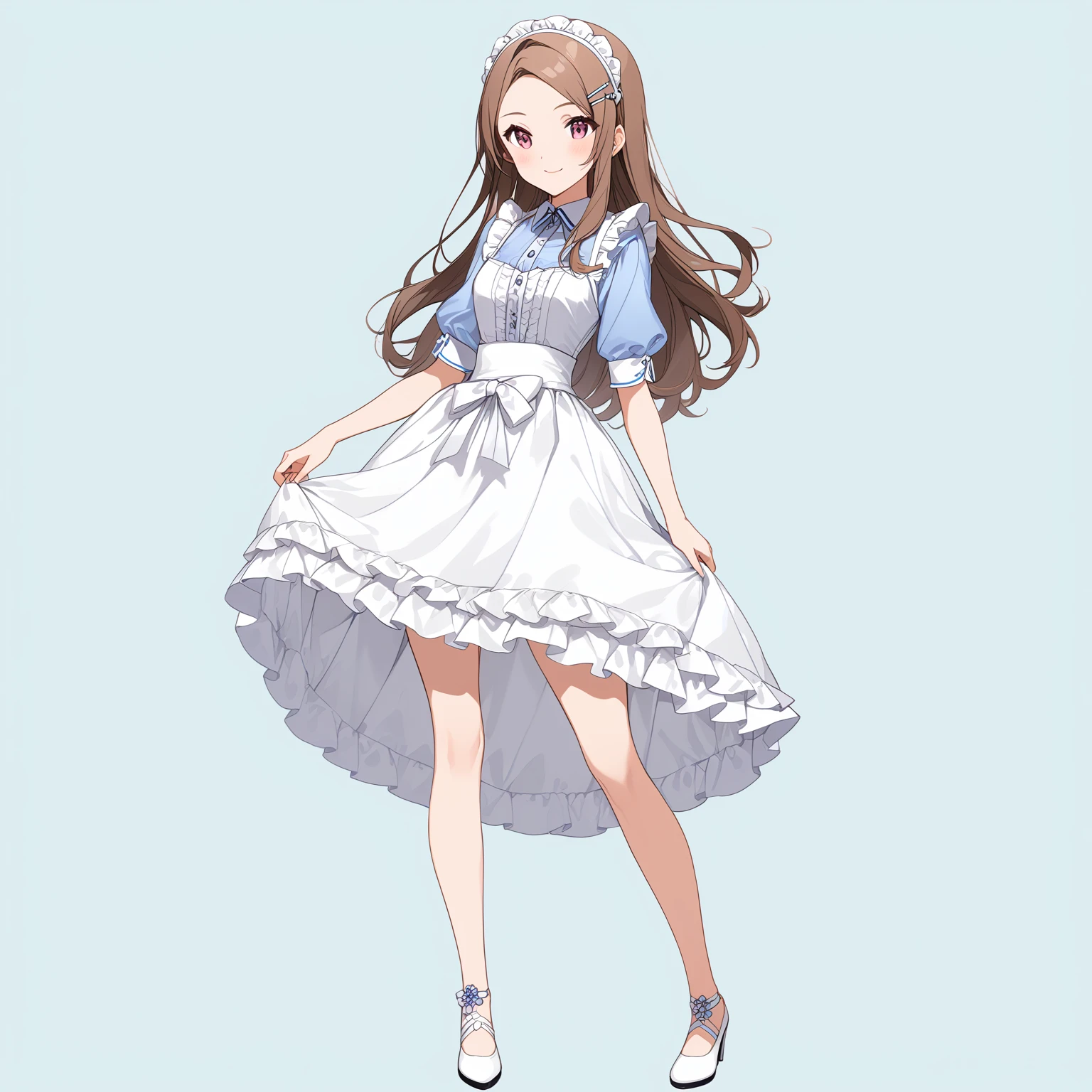 (masterpiece)、(Best Quality)、(High resolution)、(Very detailed)、(so beautiful:0.9)、(Very cute:0.9)、(Brighten your face:0.3)、

(Minase Iori)、
Straight long dark brown hair、amount、Hair Clip、Hair band、 
smile、Shyness、low length、
Beautiful breasts、Round Breasts、round face、

Perfect Anatomy、Two perfect legs、Two perfect arms、Five perfect fingers、Big pink eyes、Tight waist、
Delicate and smooth skin、Beautiful Skin、Textured skin、Healthy Skin、
Alone、whole body、

{French maid outfit、
Short tops that reveal your chest、Short ruffle skirt、White frilly apron、
White heels、white lace headband、Bare midriff exposed、
White striped underwear、White frilly underwear}、
casual、

(Alone:1.5), (Standing), 
(Full Body Shot:1.5), 
(from the front), 
(No background:1.5), (Light Blue background:1.5), 