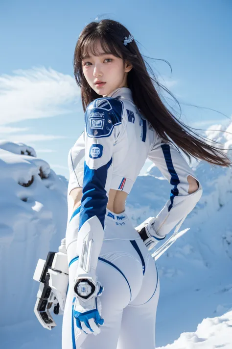 1 girl, lovely, ice and snow world, alone, skinny, wind, mecha suit, whole body, pretty face, decorated with intricate patterns ...