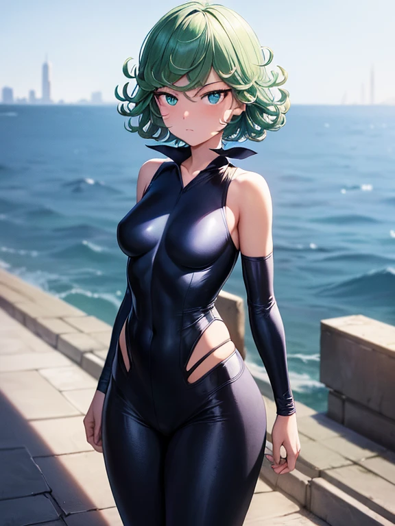 Masterpiece, Best Quality, Ultra Detailed, Illustration, Epic Lighting, Cinematic Composition, 1 Girl, Tatsumaki, Short Hair, Green Hair, Very Small Breasts, Green Eyes, Glowing Eyes, Pouting, Blushing, Closed Mouth, Piercing Gaze, Full Body, Black Collar, Tall, Thin, Shock Collar, Black Gloves, Black Chest Harness Belt, Light Blue Wrist Guards, Sleeveless, Light Blue Likeness Suit, Light Blue Suit With An Emblem, Orange Circular Emblem On Chest, Orange Emblem, Light Blue Pants, Gray Knee Pads, Metallic Light Blue Boots, Black Superhero Belt, City Background, Standing On A Pier By The Sea During Daytime, Looking At Viewer, Anime