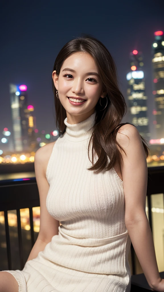 One Girl, ((White oversized high neck cable knit,White short knit dress,I can see your shoulders,I can see the thighs)), (Beautiful Japanese Idol Portrait Photos), (Beautiful skyscrapers night view of Dubai:1.10), (RAW Photos, Best Quality), (Realistic, photo-Realistic:1.4), masterpiece, 8K Portrait, Very delicate and beautiful, 非常にdetailed, 2k wallpaper, wonderful, detailed, 非常にdetailed CG unity 8k wallpaper, 非常にdetailed, High resolution, Soft Light, 美しいdetailedな女の子, 非常にdetailed eyes and face, Beautiful and sophisticated nose, Beautiful attention to detail, Cinema Lighting, Perfect Anatomy, Slender body, Small breasts, Medium Hair, (smile), Dynamic Angle, (Elegant and sophisticated atmosphere)