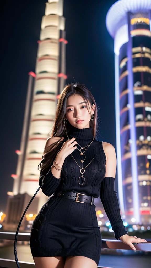 One Girl, ((Black oversized high neck cable knit,Black short knit dress,I can see your shoulders,I can see the thighs)), (Beautiful Japanese Idol Portrait Photos), (HD night view of Dubai&#39;s beautiful skyscrapers), (RAW Photos, Best Quality), (Realistic, photo-Realistic:1.4), masterpiece, 8K Portrait, Very delicate and beautiful, 非常にdetailed, 2k wallpaper, wonderful, detailed, 非常にdetailed CG unity 8k wallpaper, 非常にdetailed, High resolution, Soft Light, 美しいdetailedな女の子, 非常にdetailed eyes and face, Beautiful and sophisticated nose, Beautiful attention to detail, Cinema Lighting, Perfect Anatomy, Slender body, Small breasts, Medium Hair, (smile), Dynamic Angle, (Elegant and sophisticated atmosphere)