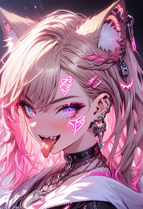 pink, tongue，gal，earrings，pink, animal ears, neon tattoos