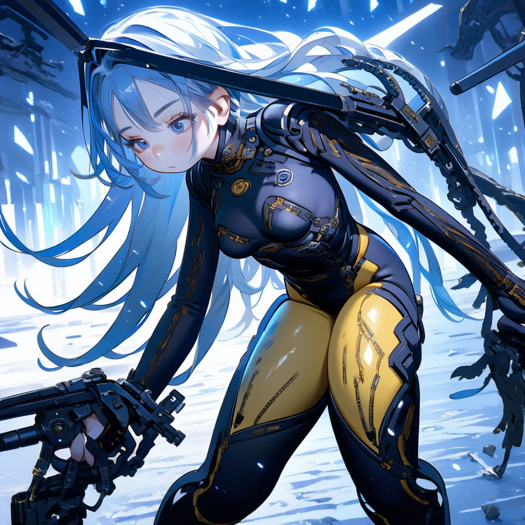 A beautiful  special forces girl in a gold liquid metal suit, a giant mechanical gauntlet with layered armor, a fluid exoskeleton, dynamic, provocative, seductive, action, dramatic angles, effective use of LoRA、One beautiful girl, bluish silver hair, porcelain white skin, large beautiful eyes of deep blue, short stature, , small bulging breasts, complex artistic bodysuit of laminated armor, very much exposed skin, transparent weaponry, active poses, dramatic camera angles, diamond dust, icy trees, cold world, effective use of LoRA