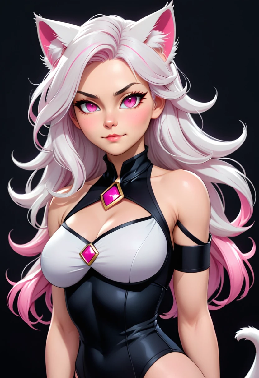  2D, mature woman, strong body, (Alone 1:1), long white hair with pink highlights, pink eyes, Cat ears, cat&#39;s tail, black shirt, Jeans, white gloves, black overcoat detailed in red, leather boots. 