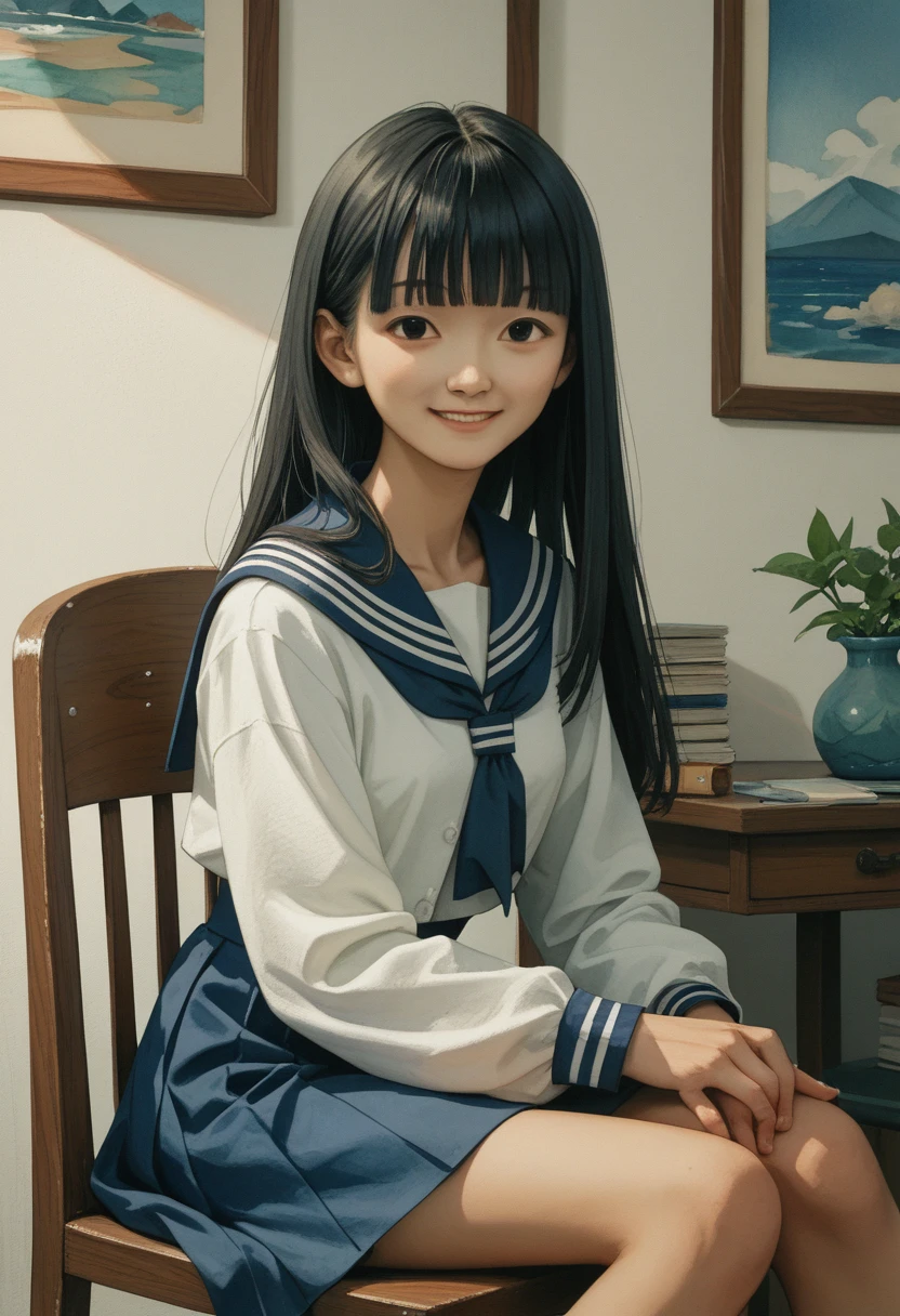 (KWAII,drama,asian,imagem sem fundo,watercolor:1.1)black hair,long hair,straight hair,blunt bangs,small breasts,dark blue sailor collar,white sailor shirt,long sleeves,dark blue skirt,light smile,sitting on chair,room