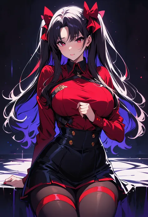 rin tohsaka，(masterpiece, best quality:1.2), black light art，1 girl, solitary，tights，chest，，tights，busty