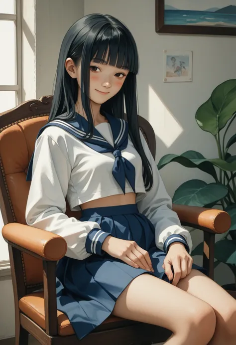 (drama,asian,imagem sem fundo,watercolor:1.1)black hair,long hair,straight hair,blunt bangs,small breasts,dark blue sailor colla...