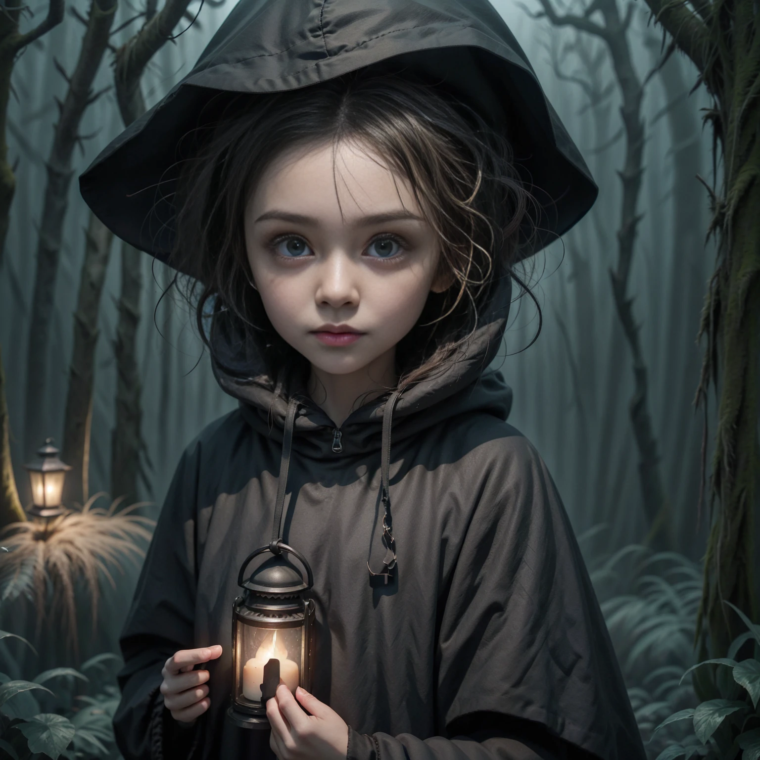 a mysterious character. Camera focused on the face of the person with big eyes and open eyes. wearing a black hood. walking in a dark landscape with a lantern on my hand