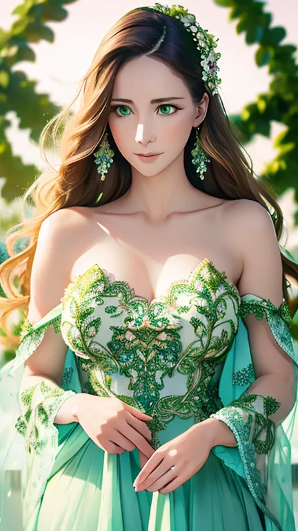 (8k, raw photo, best quality, masterpiece:1.2), (realistic, photo-realistic:1.37), 1girl, elegant dress, green eyes, long flowin...