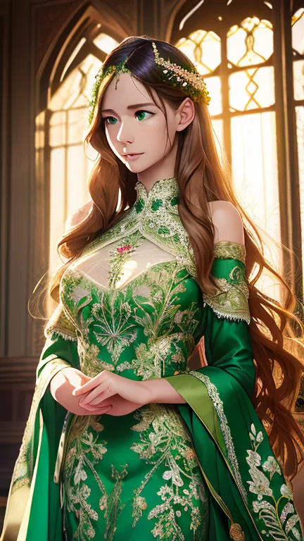 (8k, raw photo, best quality, masterpiece:1.2), (realistic, photo-realistic:1.37), 1girl, elegant dress, green eyes, long flowin...