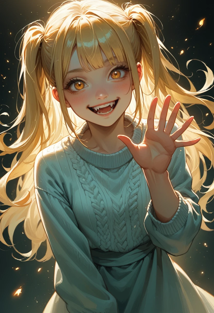 Toga Himko, Create a vibrant character with light blonde hair styled with short, straight bangs and two high ponytails, with some strands left loose. She has a youthful, oval face with large, amber eyes that convey a playful, mischievous expression. Her fair skin shows a slight blush on her cheeks, emphasizing her youthful age of around 15. Dress her in a casual, light-colored sweater with a simple, cozy design, suggesting comfort. Capture her in a playful pose, making a playful gesture with one hand while smiling widely, showing her teeth with the fangs visible. Use bright, warm colors and dramatic lighting to highlight her features against a soft, luminous background, creating a cheerful, energetic atmosphere.