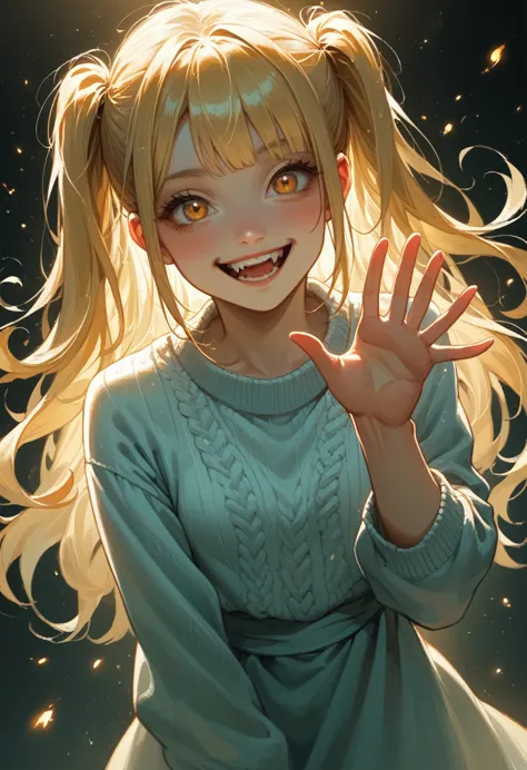 toga himko, create a vibrant character with light blonde hair styled with short, straight bangs and two high ponytails, with som...